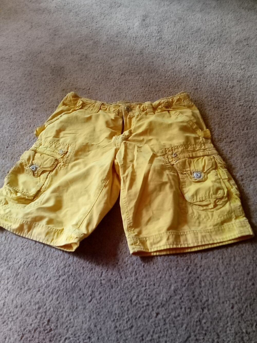 Y2K Jet Lag Men's Sanforized Organic Yellow Cargo Shorts 33 Distressed Cotton